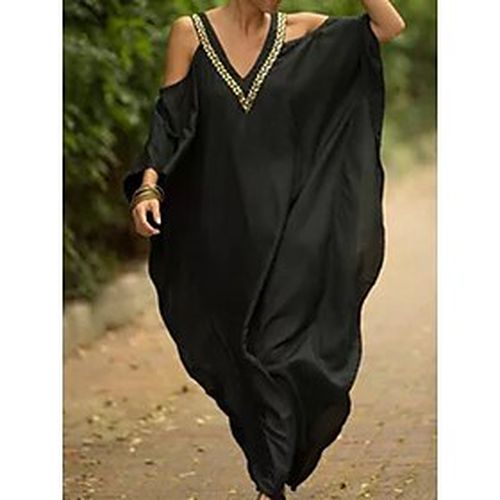 Women's Maxi long Dress Sundress Blue Black Short Sleeve Print Print V Neck Summer Holiday Elegant 2021 Loose One-Size - Ador.com UK - Modalova