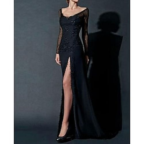 Sheath / Column Evening Dresses Sexy Dress Floor Length Engagement Scoop Neck Long Sleeve Chiffon with Beading Lace Insert Split Front 2022 / Formal Evening - Ador ES - Modalova