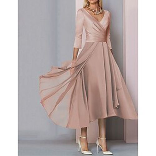 Women's Party Dress Satin Dress Swing Dress Midi Dress Pink Pure Color 3/4 Length Sleeve Winter Fall Spring Ruched Elegant Dress V Neck Party Wedding - Ador.com UK - Modalova