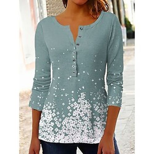 Women's T shirt Tee Henley Shirt Green Button Print Floral Casual Daily Long Sleeve V Neck Boho Regular Floral S / 3D Print - Ador ES - Modalova