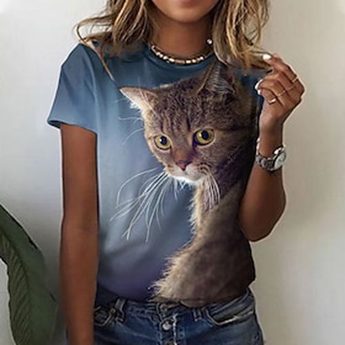 Women's Casual Weekend T shirt Tee 3D Cat Painting Short Sleeve Cat 3D Round Neck Print Basic Tops Navy Blue S / 3D Print - Ador.com UK - Modalova