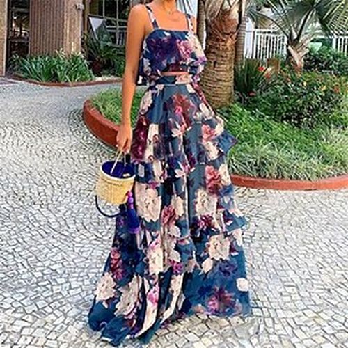 Women's Maxi long Dress Dress Set Two Piece Dress Photo Color Sleeveless Layered Floral Cold Shoulder Spring Summer Elegant Romantic Vacation 2022 S M L XL XXL - Ador ES - Modalova