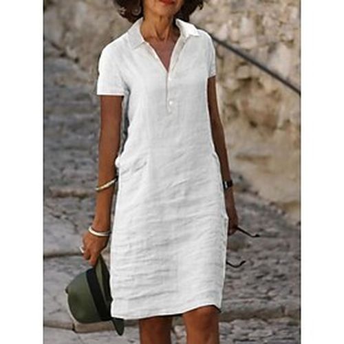 Women's Cotton Linen Dress Casual Dress Shift Dress Cotton And Linen Midi Dress Outdoor Daily Basic Casual Button V Neck Summer Spring Short Sleeve Lo - Ador.com UK - Modalova