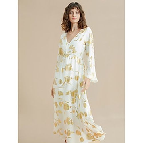 Chiffon Gold Foil Floral Print V Neck Midi Dress - Ador.com - Modalova