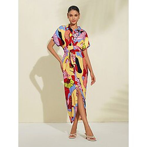 Satin Leaf Print Shirt Collar Midi Dress - Ador.com - Modalova