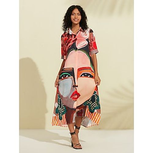 Satin Human Face Print Casual Maxi Dress - Ador.com - Modalova