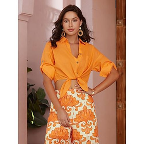 Women's Cotton and Linen Orange Drop Shoulder Button V Neck Short Shirt - Ador.com - Modalova