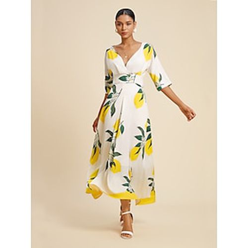 Women's Hem Maxi Satin Maxi Maxi Dress Yellow Half Sleeve Fruit Print Spring and Summer V Neck Dresses Vacation S M L - Ador - Modalova