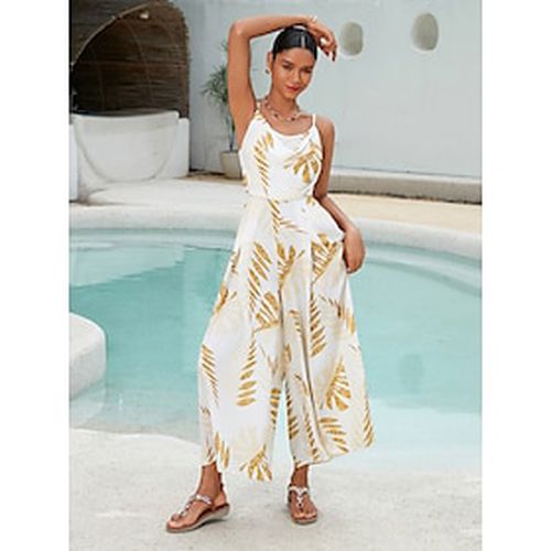 Satin Gold Leaf Print Swing Neck Jumpsuit - Ador - Modalova