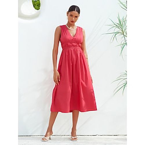 Women's Paper Touch Rose Red dress Cotton Tie Back V Neck Midi Dress - Ador - Modalova