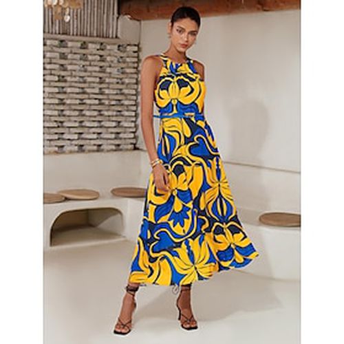 Women's Midi Dress Midi Dress Yellow Green Sleeveless Floral Belted Printing Spring Summer High Neck Pattern Dress S M L - Ador - Modalova