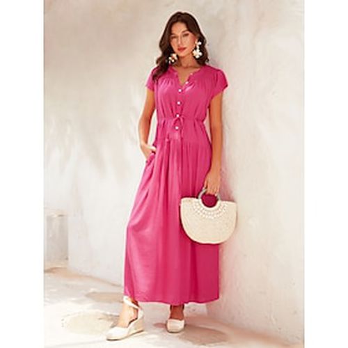 Women's Cotton Linen Rose Red Pink Dress Button Down Tie Waist Collar Pleated Maxi Dress - Ador.com - Modalova