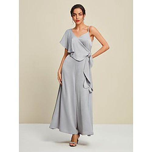 Satin Wedding Guest Cape Sleeve V Neck Party Jumpsuit - Ador - Modalova