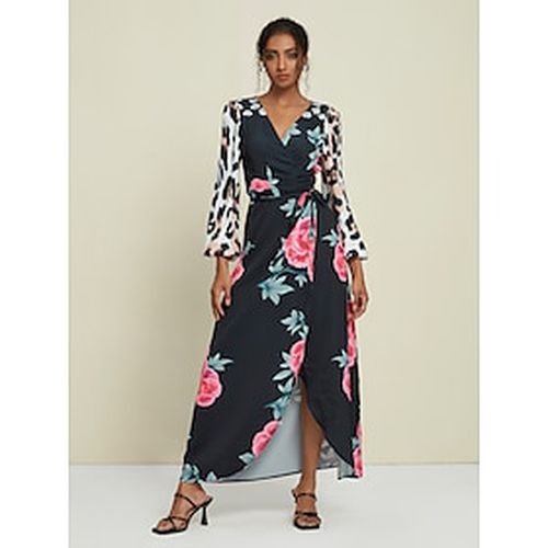 Satin Wedding Guest Floral Leopard Print Long Sleeve V Neck Maxi Dress - Ador - Modalova