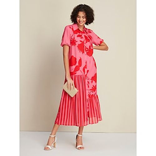 ChiffonSatin Rose Red Floral Stripe Asymetric Hem Short Sleeve Maxi Dress - Ador.com - Modalova