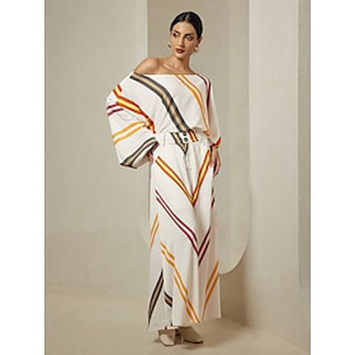 Satin Multi Color Stripe Slash Neck Blouse Wide Leg Pants Two Piece Sets - Ador - Modalova