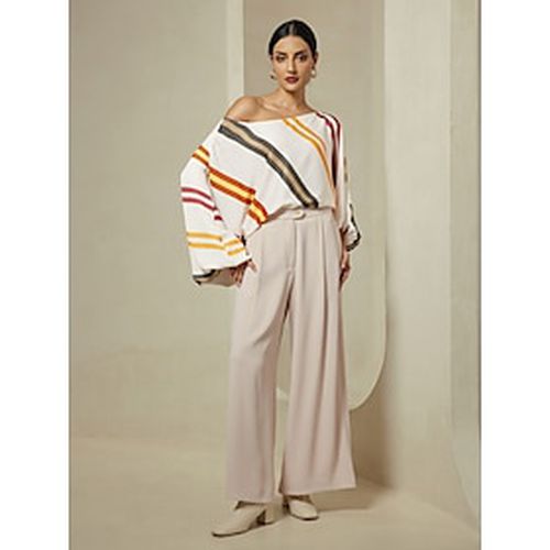 Satin Multi Color Stripe Slash Neck Blouse Beige Casual Daily Pants Two Piece Sets - Ador - Modalova