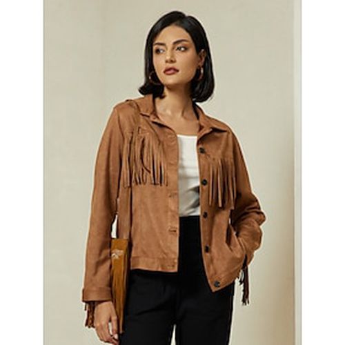 Suede Fringe Hem Crew Neck Jacket - Ador.com - Modalova