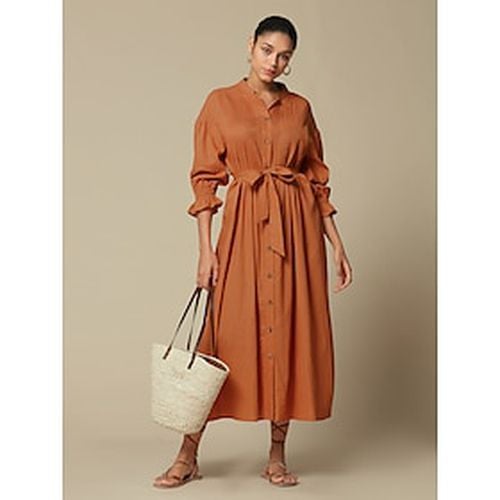 Linen Solid Standing Collar Midi Dress - Ador - Modalova