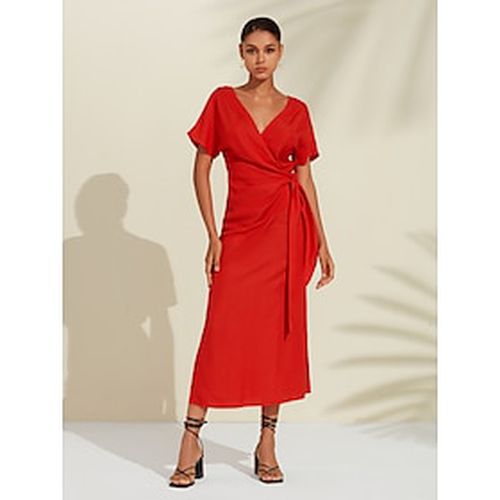 Tencel Linen V Neck Shirred Wrap Midi Dress - Ador.com - Modalova