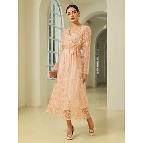 Sequin Peach Fuzz Embroidery Belted Midi Dress - Ador - Modalova