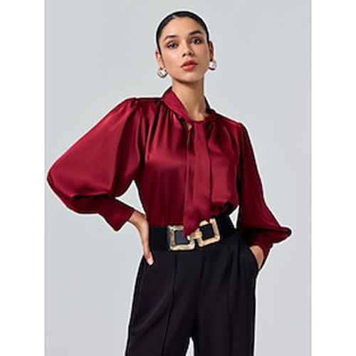 Satin Solid Lantern Sleeve Tie Front Blouse - Ador - Modalova