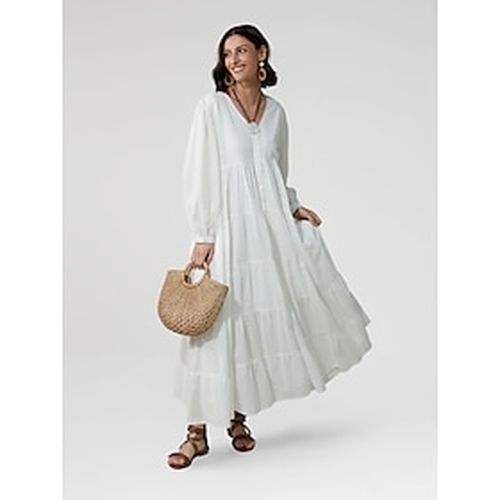 Women's Linen Cotton Blend White Dress Button V Neck Solid Color Boho Maxi Dress - Ador - Modalova