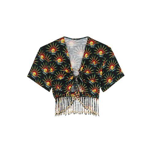 Printed Fringe-trimmed Cropped Cotton T-shirt - Paco Rabanne - Modalova