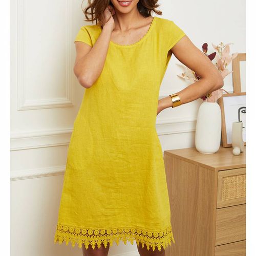Yellow Lace Trim Linen Dress - LE MONDE DU LIN - Modalova