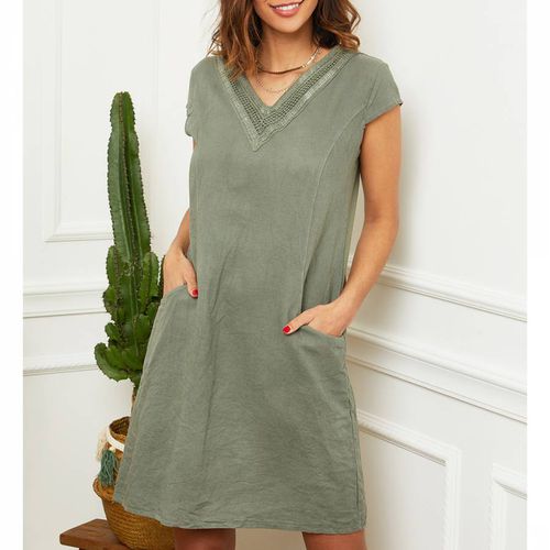 Khaki V Neck Linen Mini Dress - LE MONDE DU LIN - Modalova