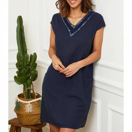 Midnight Sequin Neck Linen Dress - LE MONDE DU LIN - Modalova