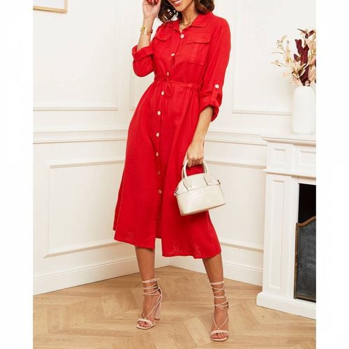 Red Self Tie Linen Dress - LE MONDE DU LIN - Modalova