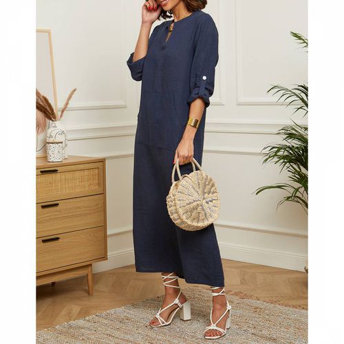 Navy Front Pocket Linen Dress - LE MONDE DU LIN - Modalova