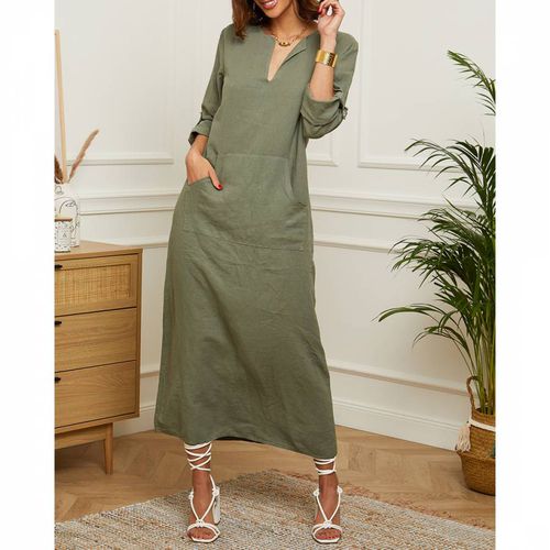 Khaki Front Pocket Linen Dress - LE MONDE DU LIN - Modalova