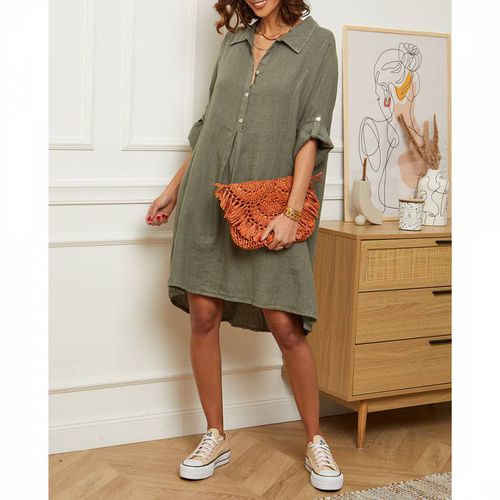 Khaki Collared Linen Mini Dress - LE MONDE DU LIN - Modalova