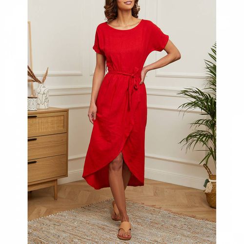 Red Tie Front Linen Midi Dress - LE MONDE DU LIN - Modalova