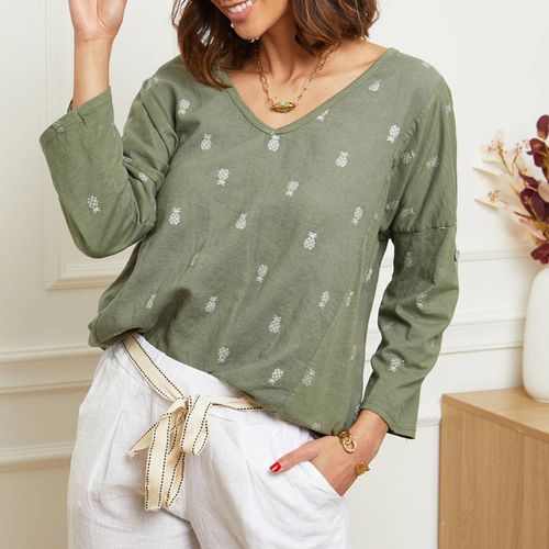 Khaki Pineapple Cotton Linen Blend Top - LE MONDE DU LIN - Modalova