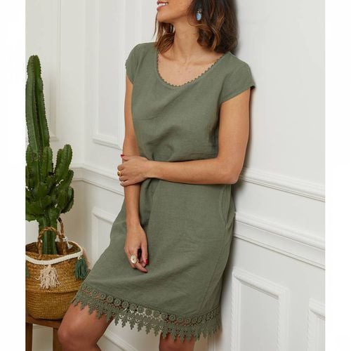 Khaki Embroidered Hem Linen Dress - LE MONDE DU LIN - Modalova