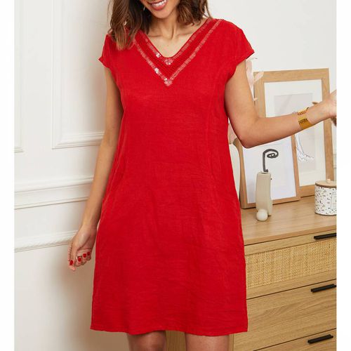 Red V Neck Linen Mini Dress - LE MONDE DU LIN - Modalova
