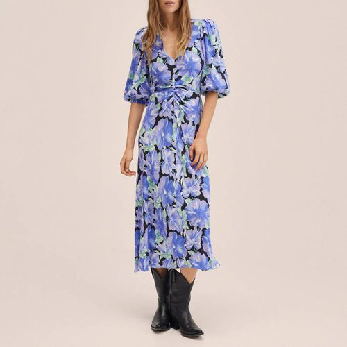 Blue Floral Balloon Sleeve Dress - Mango - Modalova