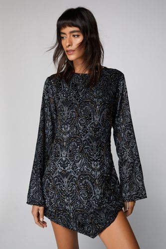 Womens Embellished Flute Sleeve High Neck Mini Dress - - 8 - Nasty Gal - Modalova