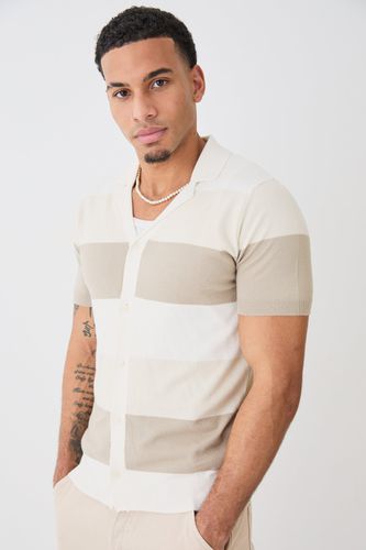 Short Sleeve Revere Stripe Knitted Shirt - - L - boohooMAN - Modalova