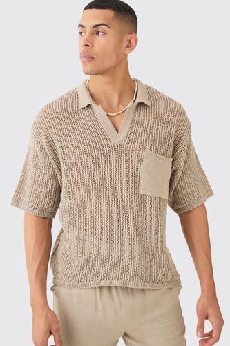 Oversized Boxy Open Stitch Polo With Pocket In Taupe - - M - boohooMAN - Modalova