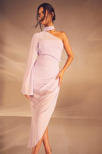 Womens Sheer Overlay Ruched Choker Neck Asymmetric Midi Dress - - 14 - MISSPAP - Modalova
