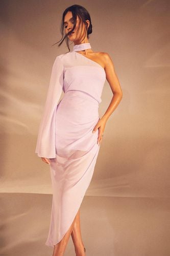 Womens Sheer Overlay Ruched Choker Neck Asymmetric Midi Dress - - 16 - MISSPAP - Modalova
