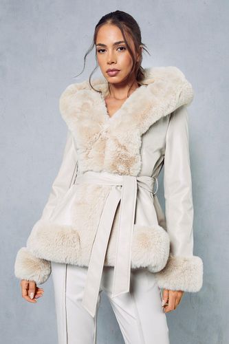 Womens Faux Fur Leather Look Belted Coat - - 10 - MISSPAP - Modalova