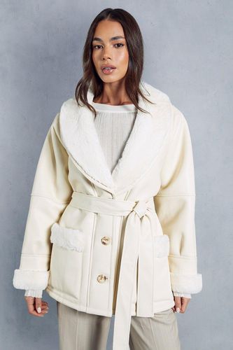 Womens Premium Leather Look Belted Fur Lined Aviator Coat - - 12 - MISSPAP - Modalova