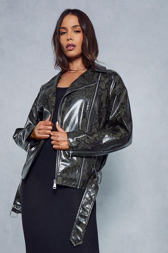 Womens Oversized Leather Look Snakeskin Biker Jacket - - 10 - MISSPAP - Modalova