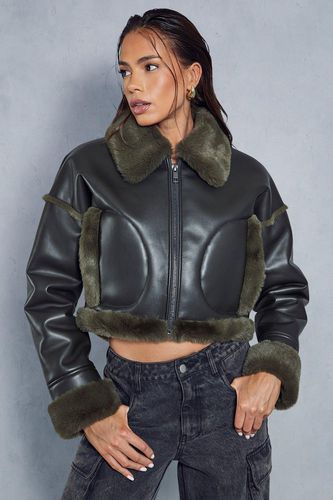 Womens Premium Leather Look Cropped Fur Lined Aviator Coat - - 10 - MISSPAP - Modalova