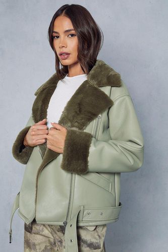 Womens Fur Lined Oversized Leather Look Aviator Coat - - 16 - MISSPAP - Modalova